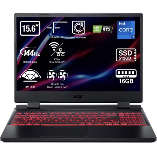 Acer Nitro 5 AN515-58 Gaming Notebook 39.6 cm (15.6 inch) Full HD LED, Gaming Laptop (Intel Core i7-12700H, 16GB RAM, 512GB SSD, NVIDIA GeForce GTX 3050, UEFI Shell), PC Black